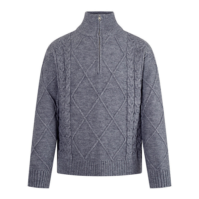 Herren Strickpullover mit Zopfmuster, halbem Reißverschluss und hohem Stehkragen Drune