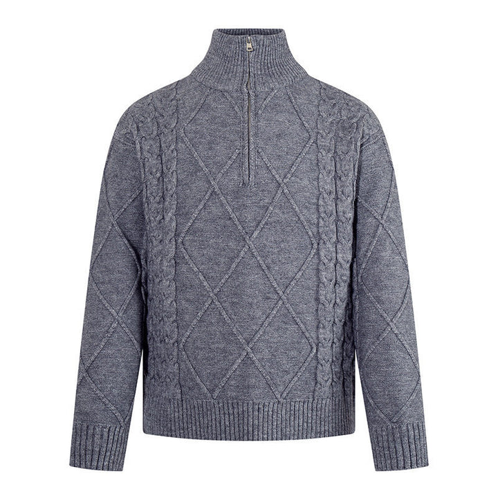 Herren Strickpullover mit Zopfmuster, halbem Reißverschluss und hohem Stehkragen Drune