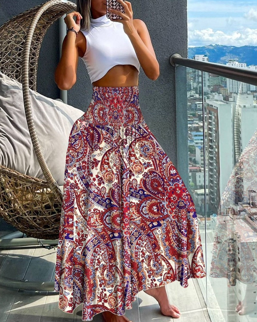 Damen Maxirock mit hohem Smokbund, weitem Fall und Paisley‑Print Drune