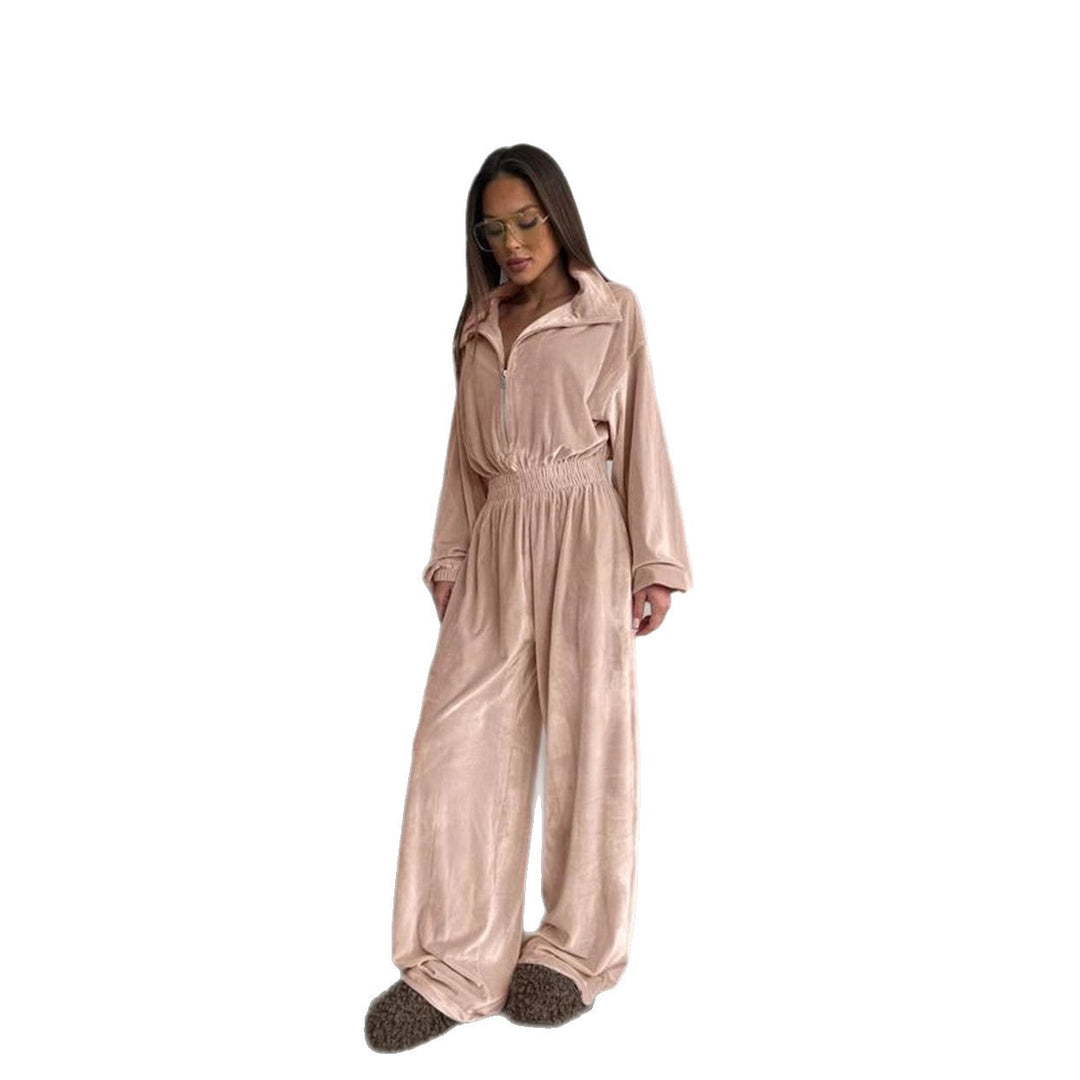 Damen Velours-Overall mit Reißverschluss, elastischem Taillenbund und weitem Palazzo-Bein Drune
