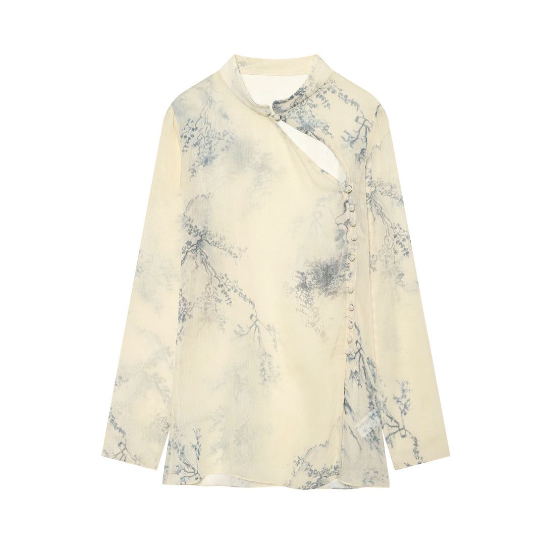 Damen Seidenbluse im Kimono‑Stil mit Mandarinkragen und dekorativer Knotenknopfleiste Drune