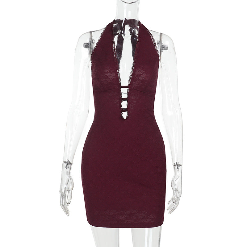 Damen Sexy Mini-Kleid mit tiefem Halterneck und raffiniertem Cut-Out Drune