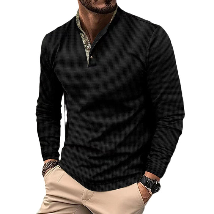 Herren nan langärmliges Henley-Poloshirt mit Stehkragen, feiner Struktur und gemustertem Innenkragen Drune