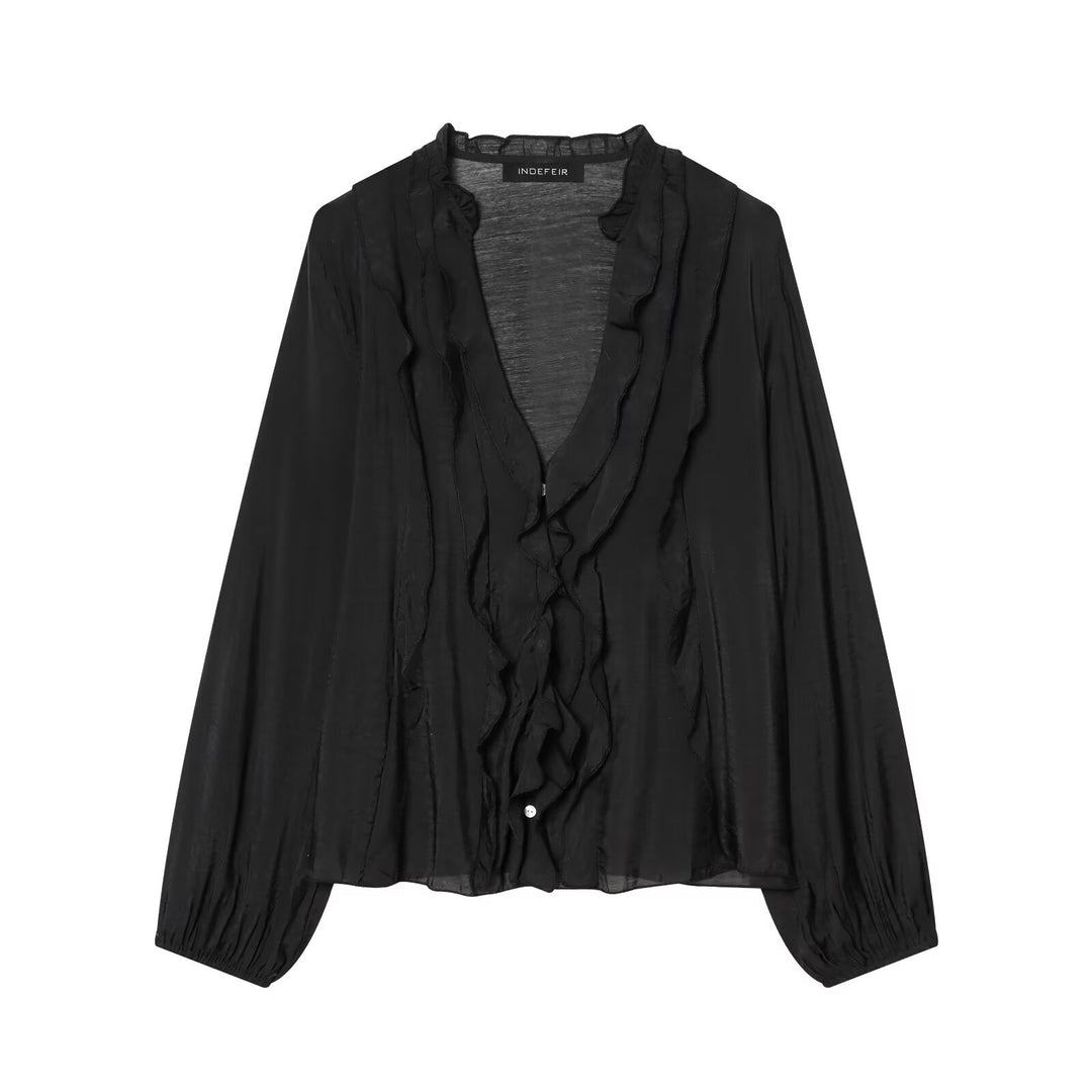 Damen Leichte Chiffon-Bluse mit Volantknopfleiste und Ballonärmeln Drune