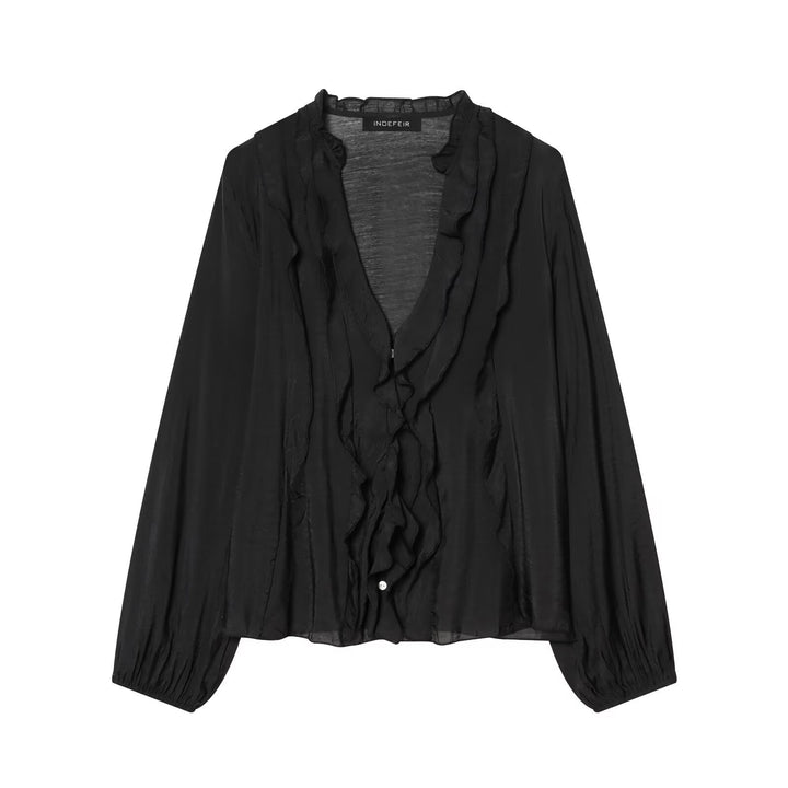 Damen Leichte Chiffon-Bluse mit Volantknopfleiste und Ballonärmeln Drune