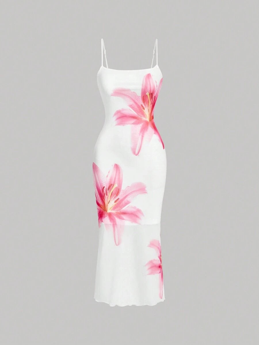 Damen sommerliches Blumenkleid mit feinen Spaghetti-Trägern und fließendem Schnitt Drune
