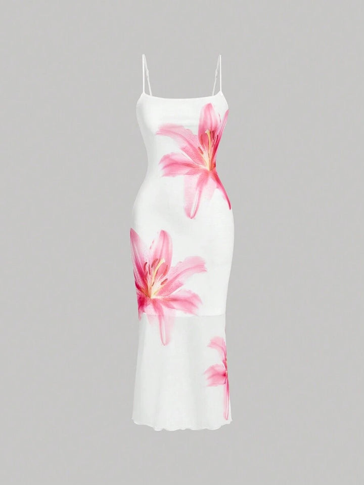 Damen sommerliches Blumenkleid mit feinen Spaghetti-Trägern und fließendem Schnitt Drune