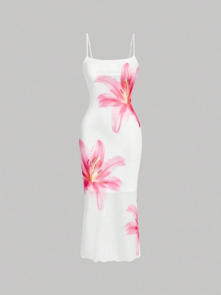 Damen sommerliches Blumenkleid mit feinen Spaghetti-Trägern und fließendem Schnitt Drune