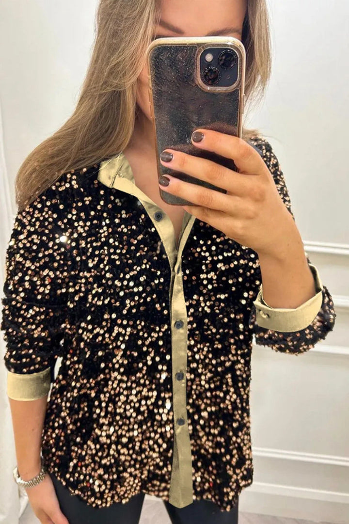Damen nan glitzernde Pailletten-Hemdbluse mit Kragen, Knopfleiste und elastischen Manschetten Drune