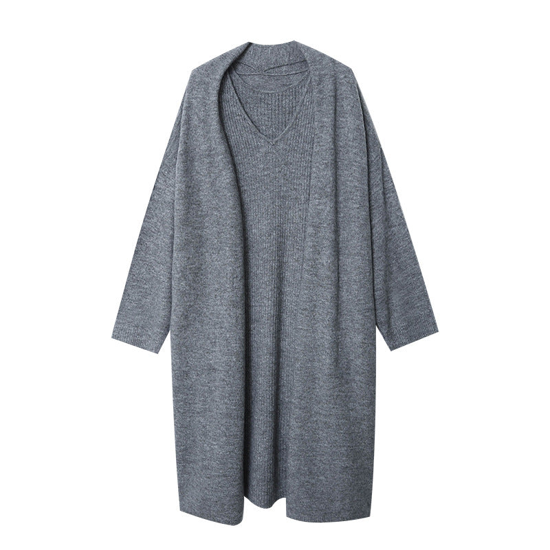 Damen gestricktes Maxikleid mit V-Ausschnitt und lässiger Jacke Drune