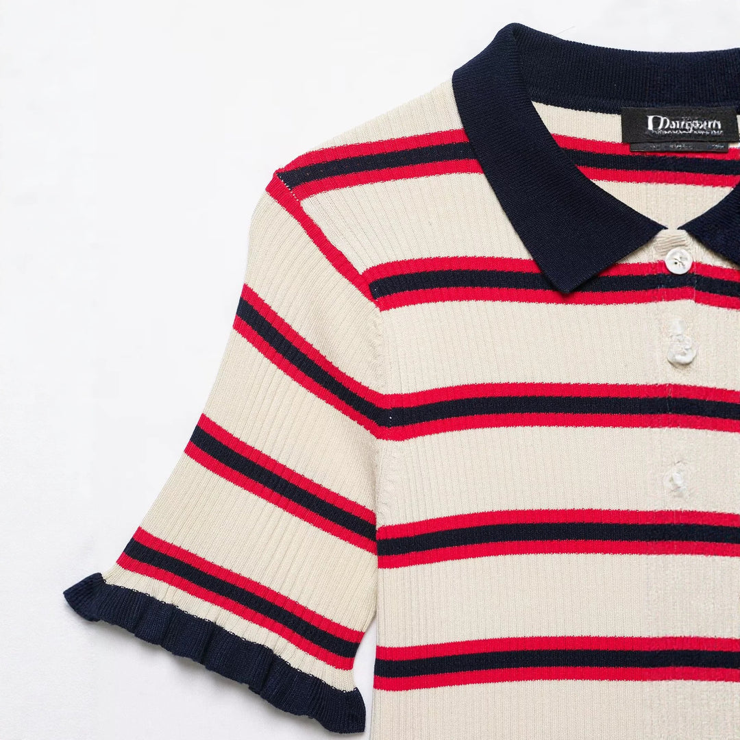 Damen Kurzärmelige Feinstrick-Cardigan mit Polokragen und Volantbündchen Drune