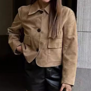 Damen modische Wildlederjacke mit praktischen Taschen Drune