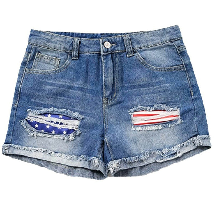 Damen Denim-Shorts mit kreativen Flaggenapplikationen und lässigem Destroyed-Design Drune