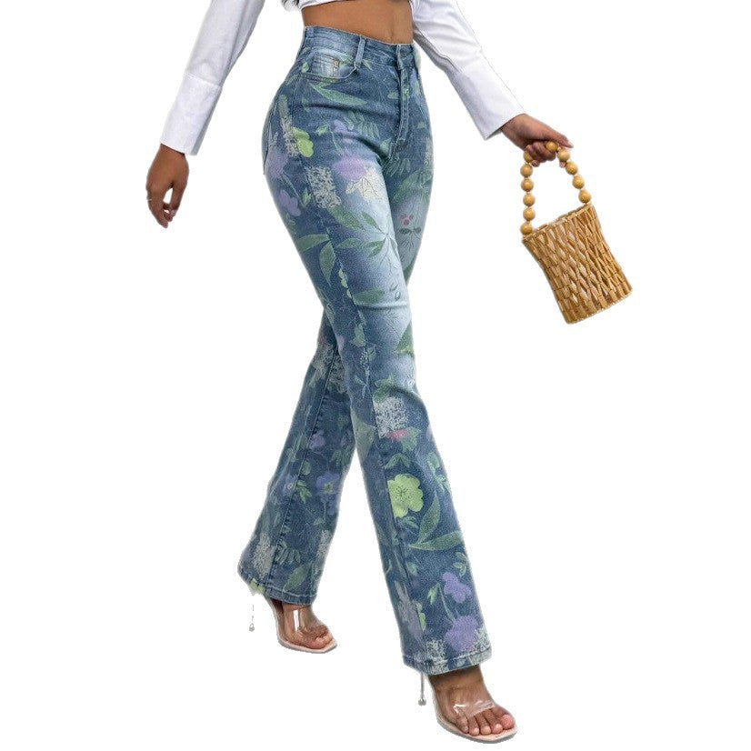 Damen Hochtaillierte Straight-Jeans mit floraler Allover-Print und leichtem Schlag Drune