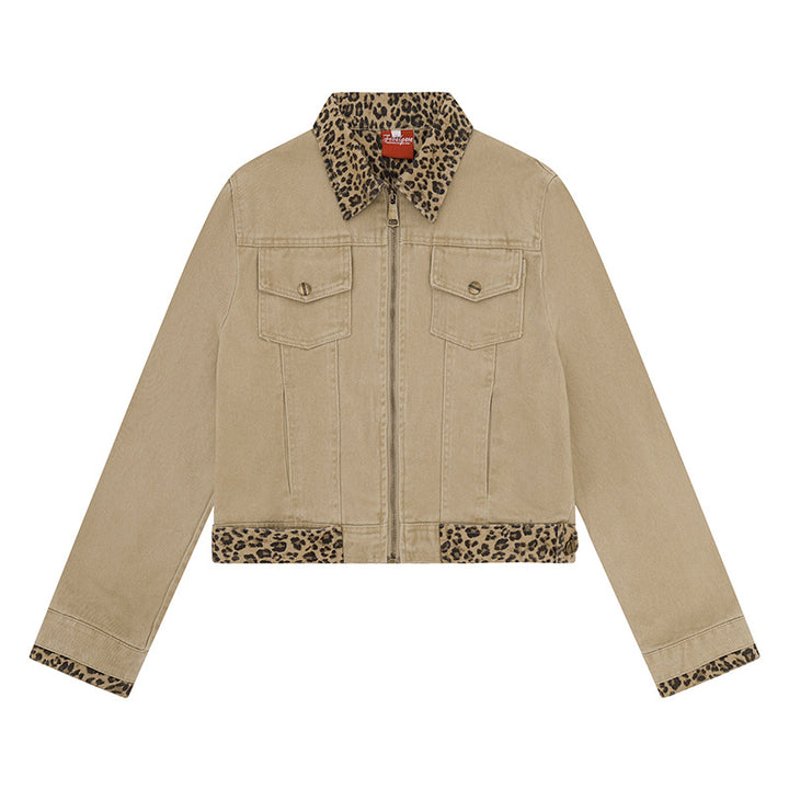Damen Kurz geschnittene Denim-Truckerjacke mit Leoparden-Kontrastkragen und Umschlagbündchen Drune