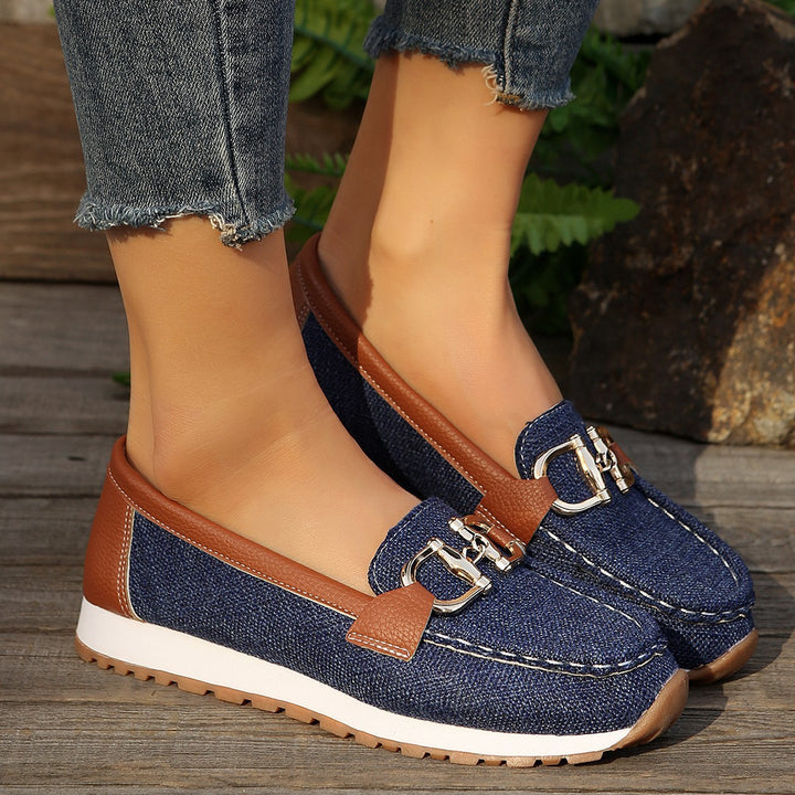 Damen  lässige Mokassin-Slipper mit dekorativer Metallschnalle, gepolsterter Innensohle und profilierter Gummilaufsohle Drune