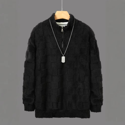 Herren karierter Sherpa-Halbzip-Pullover mit hohem Stehkragen und weicher Teddy-Fleece-Qualität Drune
