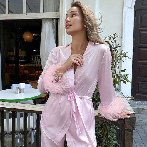 Damen elegantes Satin-Pyjama-Set mit modischen Federdetails Drune