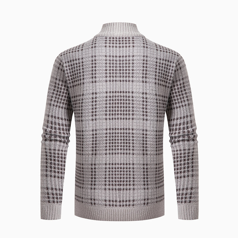 Herren Feinstrick-Zipcardigan mit Glencheck‑Muster, Stehkragen und Zwei‑Wege‑Reißverschluss Drune