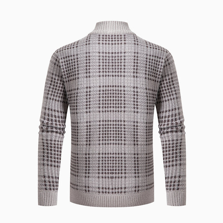 Herren Feinstrick-Zipcardigan mit Glencheck‑Muster, Stehkragen und Zwei‑Wege‑Reißverschluss Drune