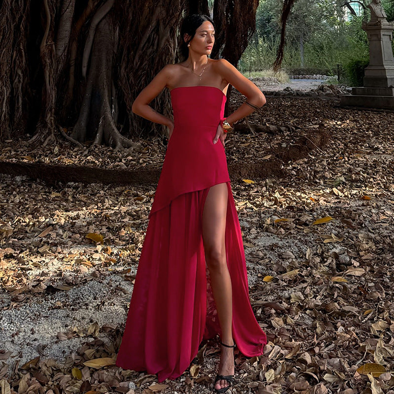 Damen Elegantes Maxikleid mit asymmetrischem Schnitt und verführerischem Schlitz Drune