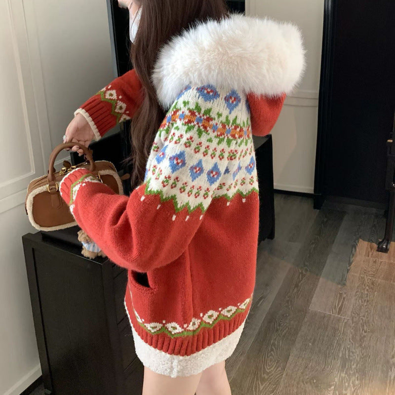 Damen Strickjacke mit angesagtem Norwegermuster und luxuriösem Kunstpelzkragen Drune