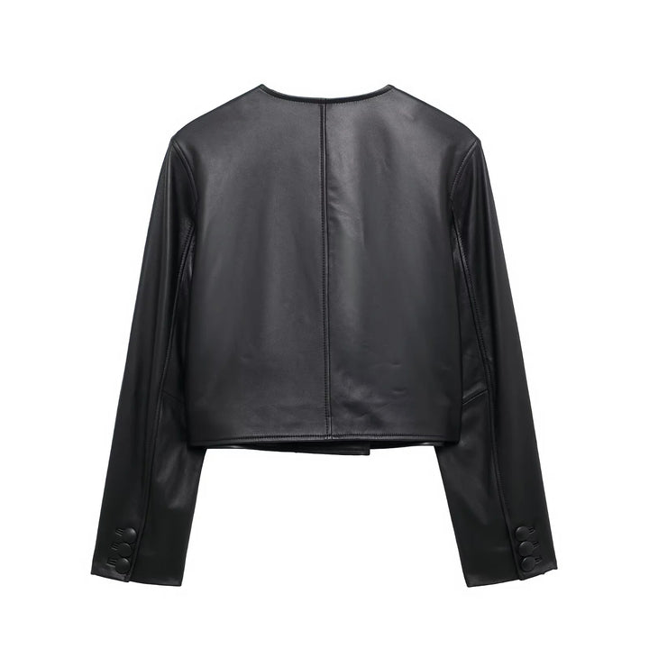 Damen nan cropped Kunstlederjacke mit Rundhalsausschnitt, doppelreihiger Knopfleiste und aufgesetzten Pattentaschen Drune