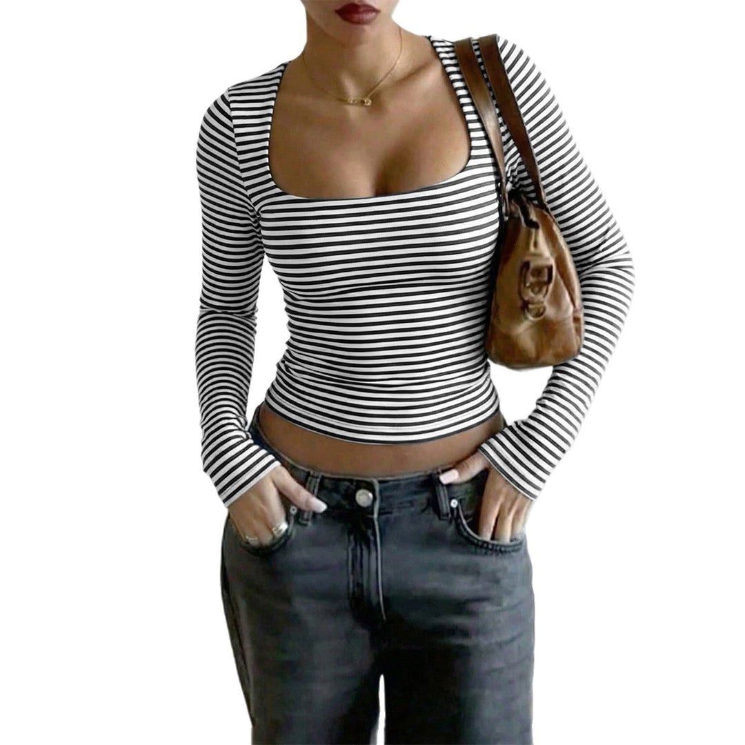 Damen nan gestreiftes tailliertes Langarm-Cropped-Shirt aus Baumwollstretch Drune
