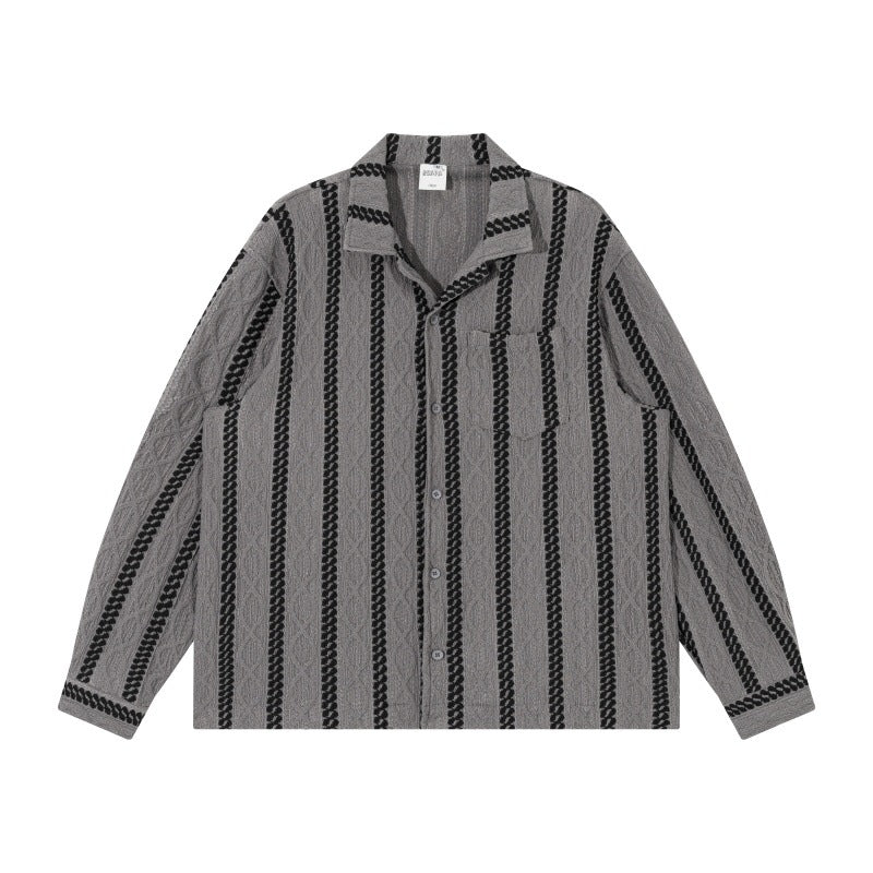 Unisex Leichte Hemdjacke mit Camp-Kragen, Relaxed‑Fit und vertikalem Zopfstreifenmuster Drune