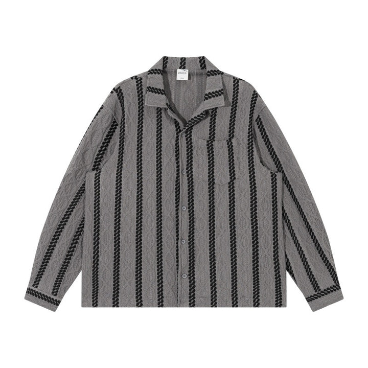 Unisex Leichte Hemdjacke mit Camp-Kragen, Relaxed‑Fit und vertikalem Zopfstreifenmuster Drune