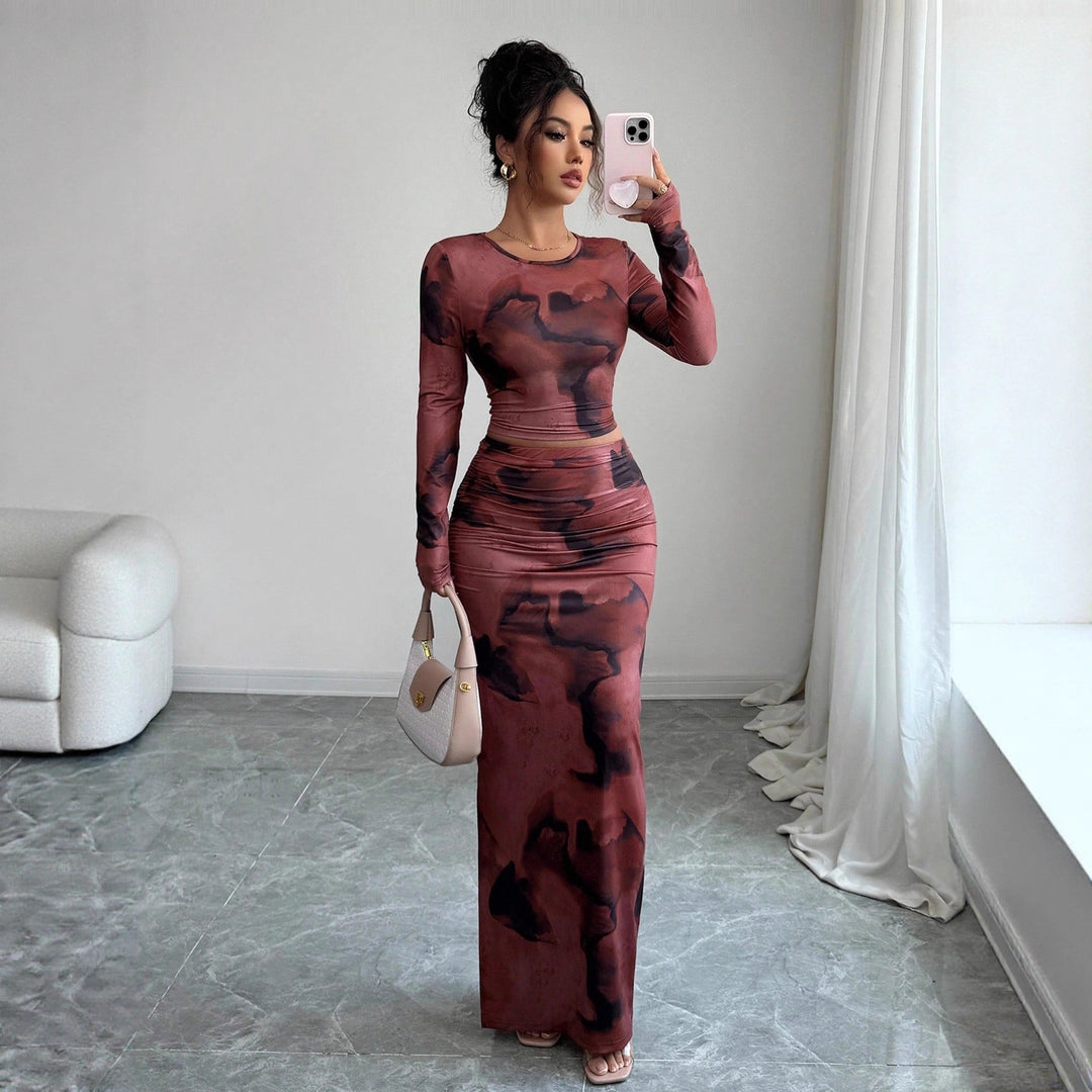 Damen nan zweiteiliges figurbetontes Set aus elastischem Mesh mit langärmligem Crop-Top, Daumenloch und gerafftem Midirock Drune