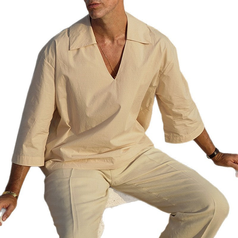 Herren Oversized-Hemd mit tiefem V‑Ausschnitt und Leinen‑Baumwoll‑Mix Drune
