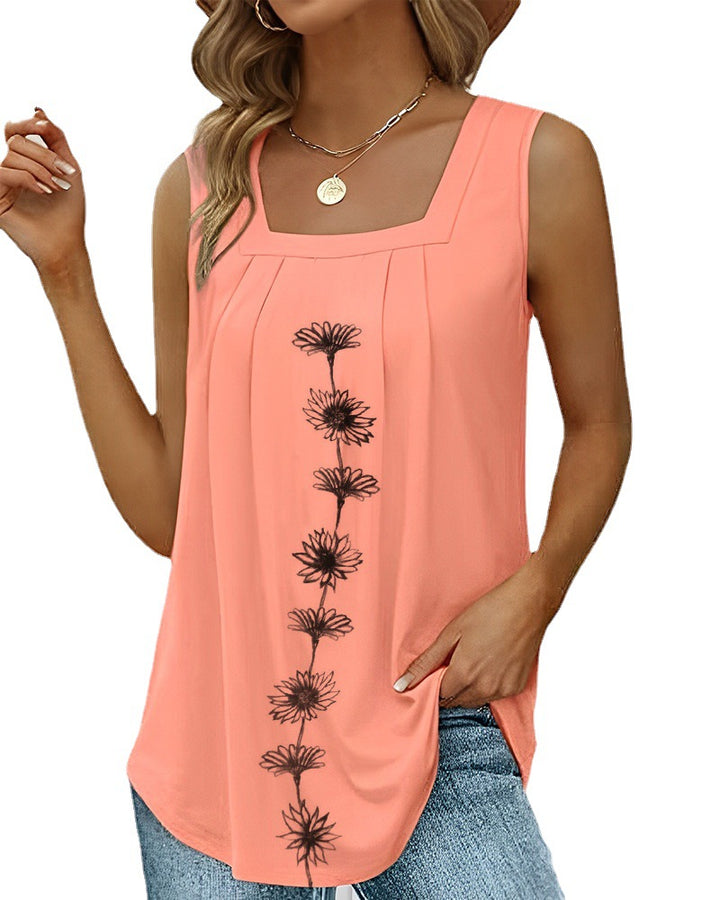 Damen nan ärmelloses Longtop mit quadratischem Ausschnitt, Faltenpassé und mittigem Blumenprint Drune
