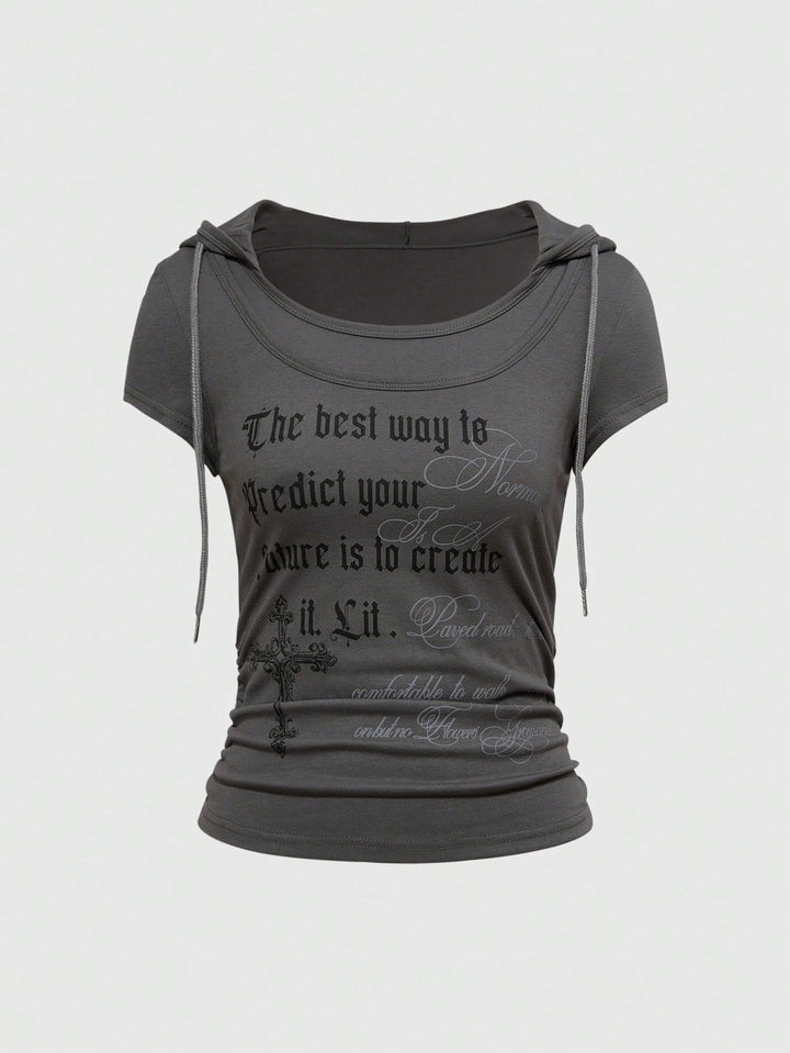 Damen Kapuzen-T-Shirt mit einzigartigem Schriftzug Drune