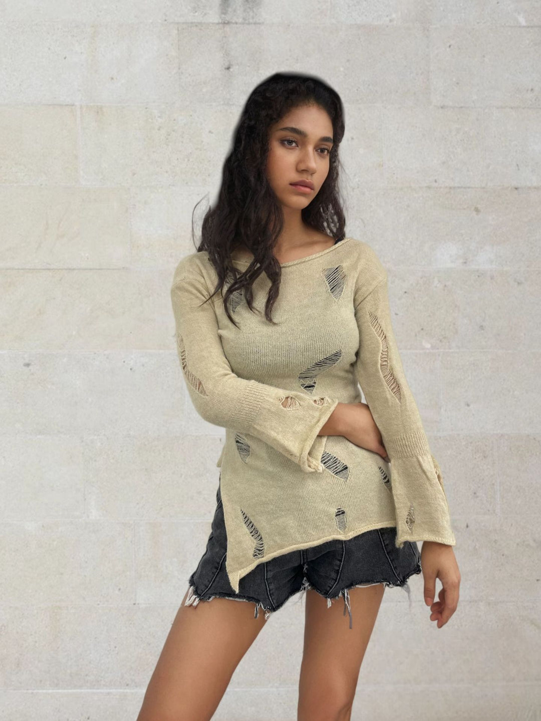 Damen Urbaner Rippstrickpullover mit distressed Details Drune