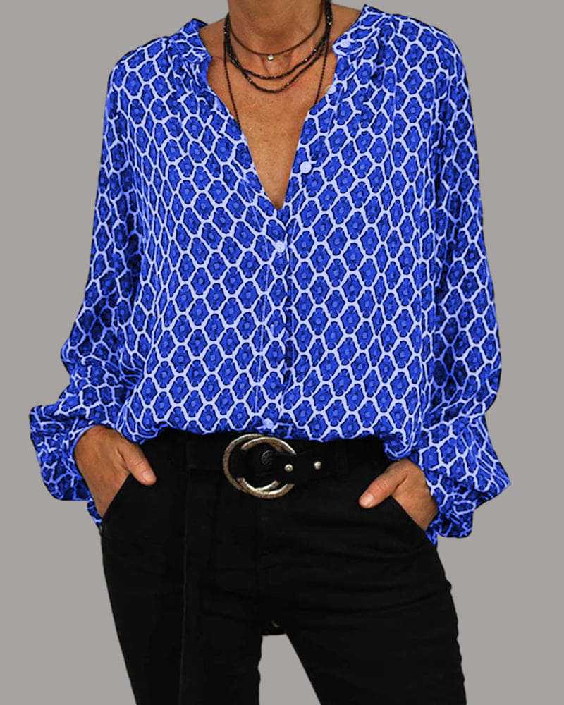 Damen Loose Fit Viskose-Mix Bluse mit V-Ausschnitt, Knopfblende und Ballonärmeln Drune