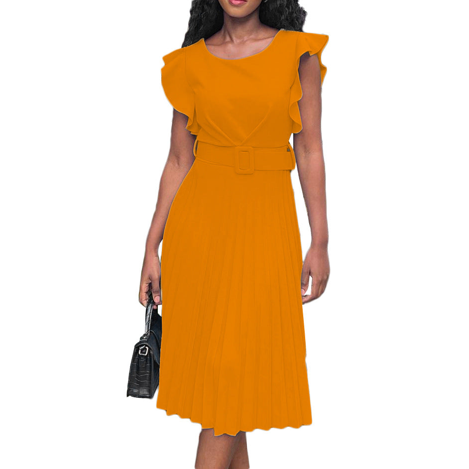 Damen Plissee Kleid mit gefaltetem Rock und Gürtel Drune