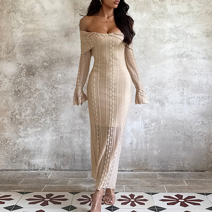 Damen Elegantes langärmliges Abendkleid mit off-shoulder Design und fließendem Stoff Drune
