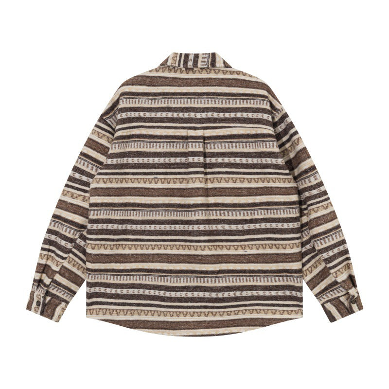 Unisex Oversize-Strickshirtjacke im Ethno‑Streifenmuster mit Pattentaschen Drune