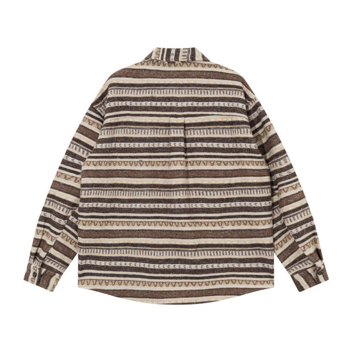 Unisex Oversize-Strickshirtjacke im Ethno‑Streifenmuster mit Pattentaschen Drune
