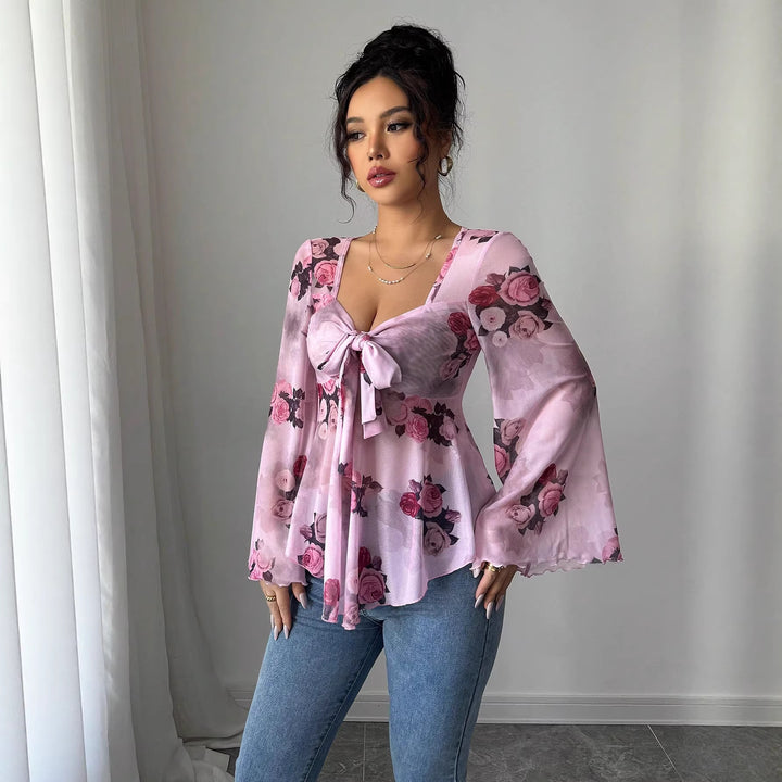 Damen Transparente Chiffon-Babydoll-Bluse mit Knotenfront und floralem Allover-Print Drune
