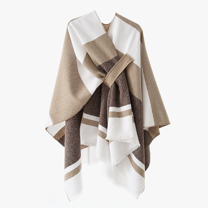 Damen Strickponcho mit geometrischem Blockmuster und Fransen Drune