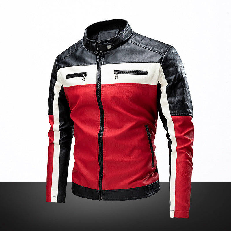 Herren Modische Lederjacke mit Farbblock-Design Drune