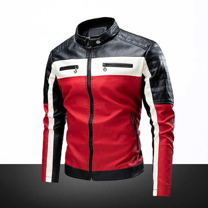 Herren Modische Lederjacke mit Farbblock-Design Drune
