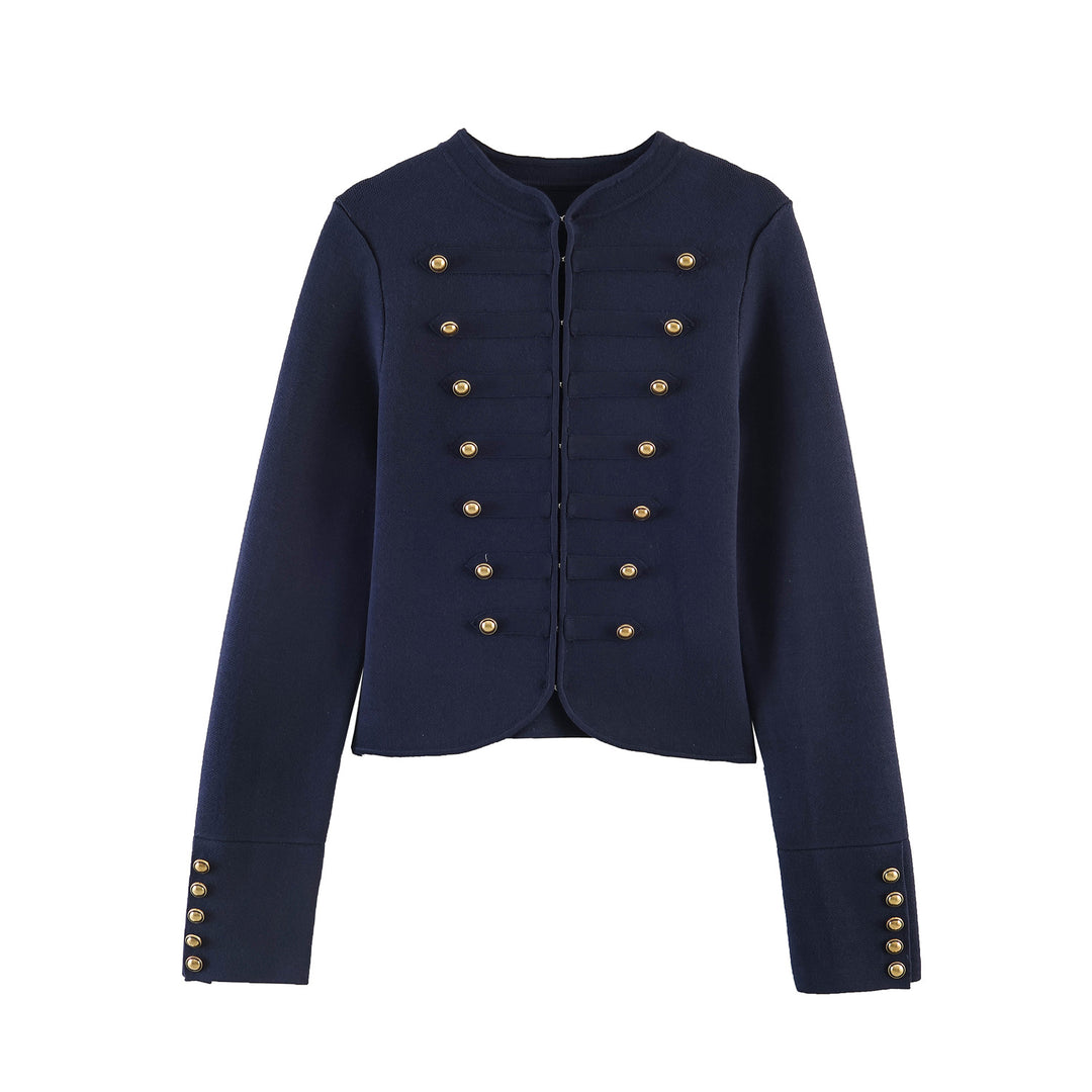 Damen Kragenlose Cropped-Militärjacke mit dekorativer Messingknopfleiste Drune