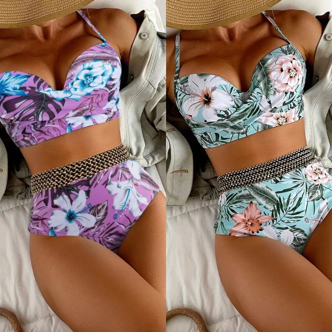 Damen Hochtaillierter Bikini mit floralem Oberteil Drune
