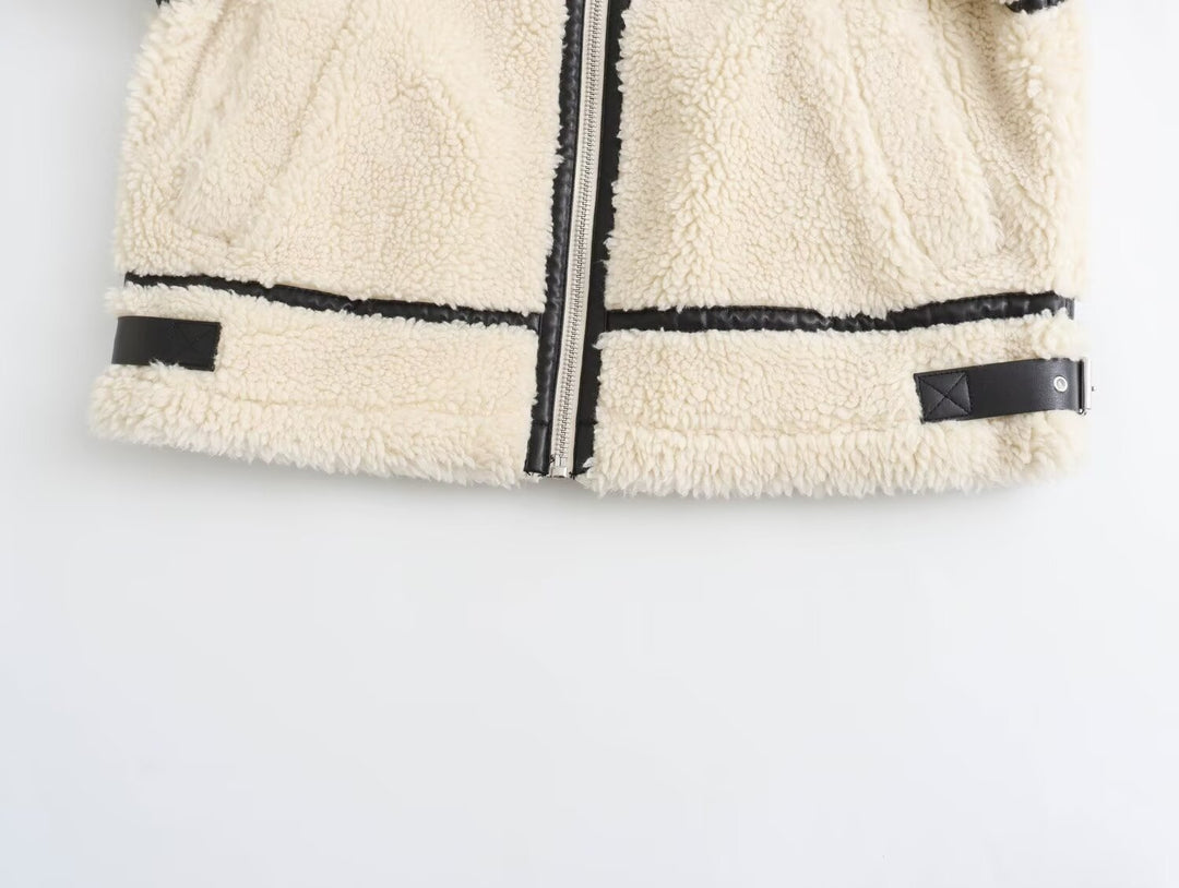 Damen Oversize-Teddyjacke im Aviator-Stil mit Kunstleder-Paspel, Stehkragen und Reißverschluss Drune