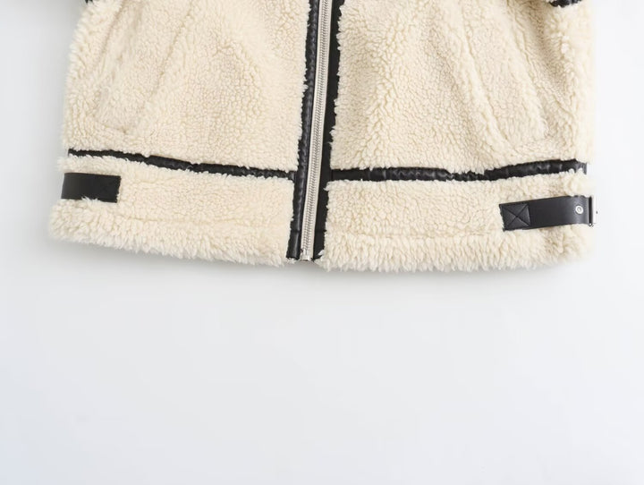 Damen Oversize-Teddyjacke im Aviator-Stil mit Kunstleder-Paspel, Stehkragen und Reißverschluss Drune