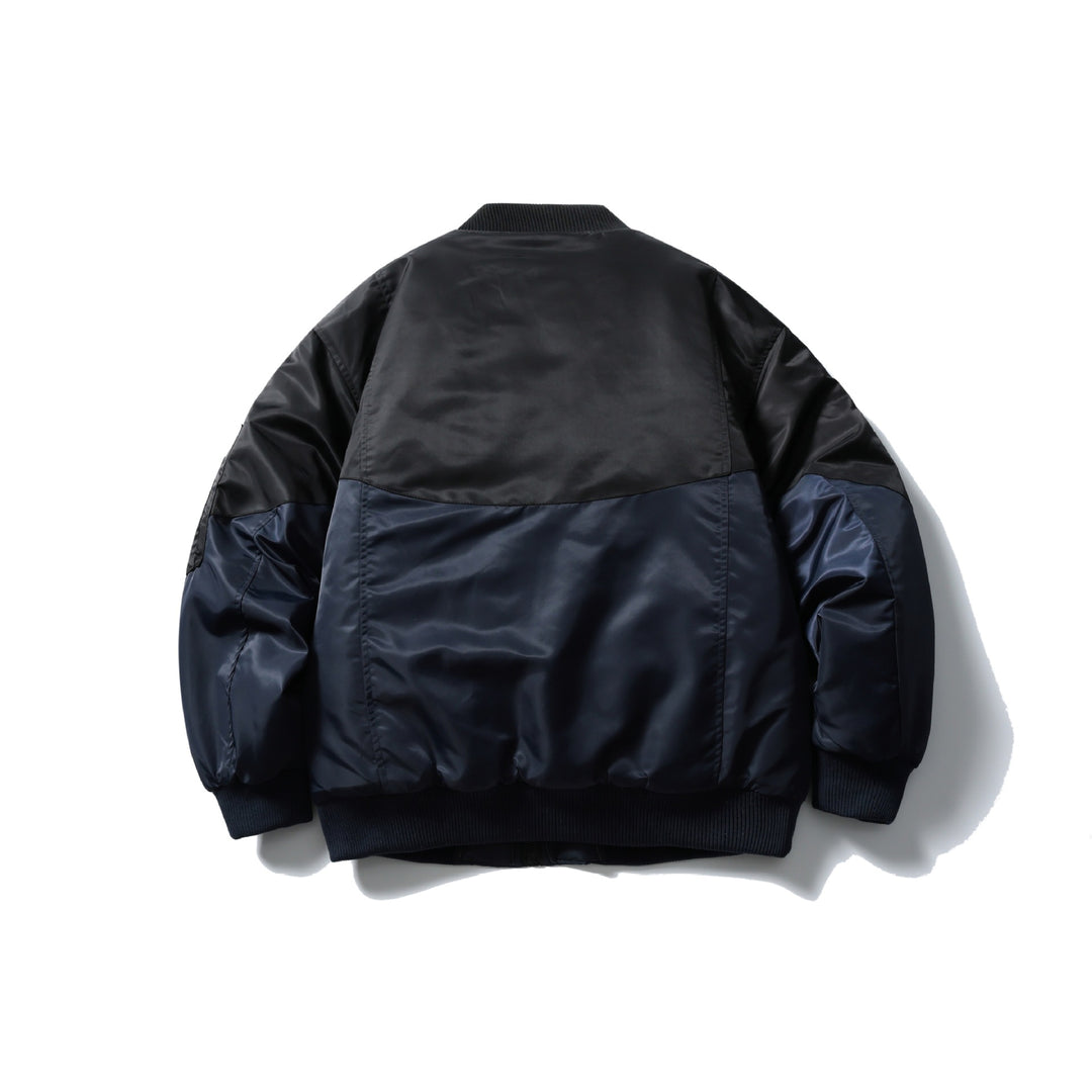Unisex Kurz geschnittene zweifarbige Nylon‑Bomberjacke mit Utility‑Klappentaschen und Ärmel‑Zipper Drune