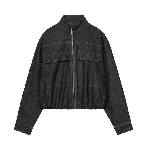 Damen Cropped Jeans-Utility-Jacke mit Reißverschluss, Stehkragen und elastischem Saum Drune